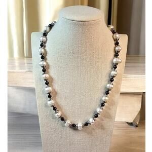 Classic Pearl Black Bead Necklace Silver Spacer Strand Vintage Elegant